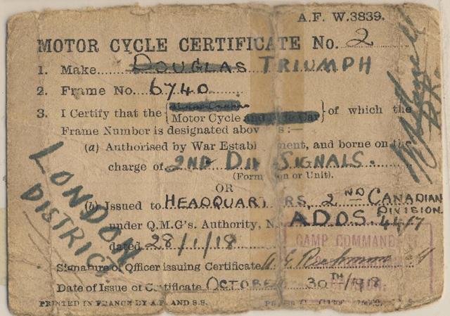 Motor Cycle Certificate 1918